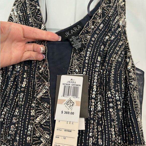 NWT J Kara Women's Beaded Illusion-V-Neck Gown Dress Size 12 Style 5578GR - Picture 7 of 16